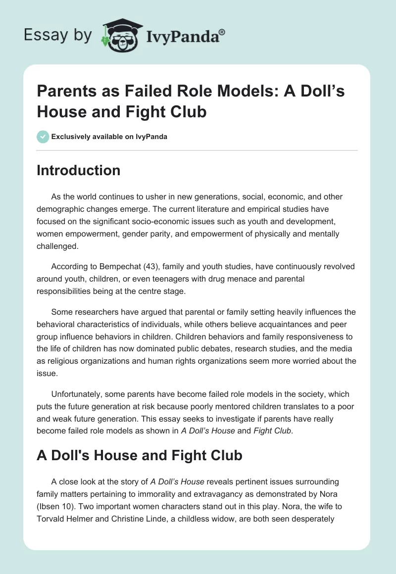 Parents as Failed Role Models: A Doll’s House and Fight Club. Page 1