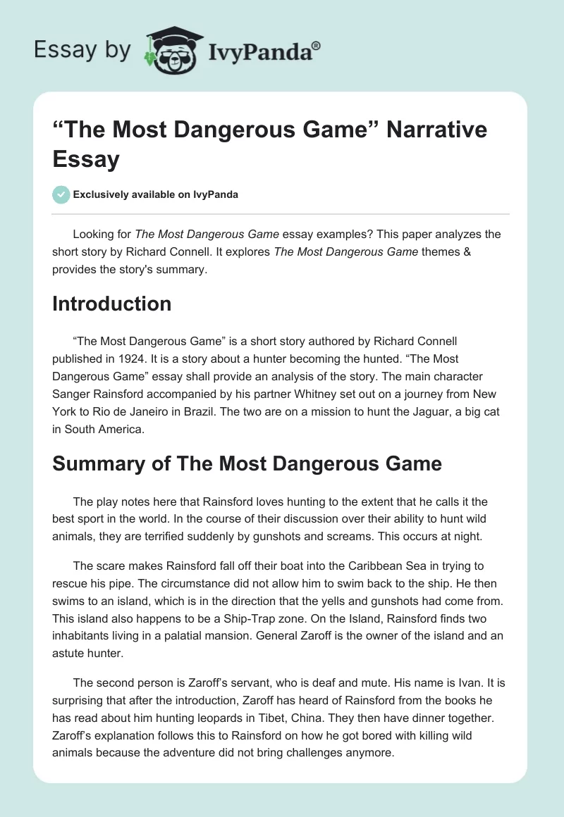“The Most Dangerous Game” Narrative Essay. Page 1