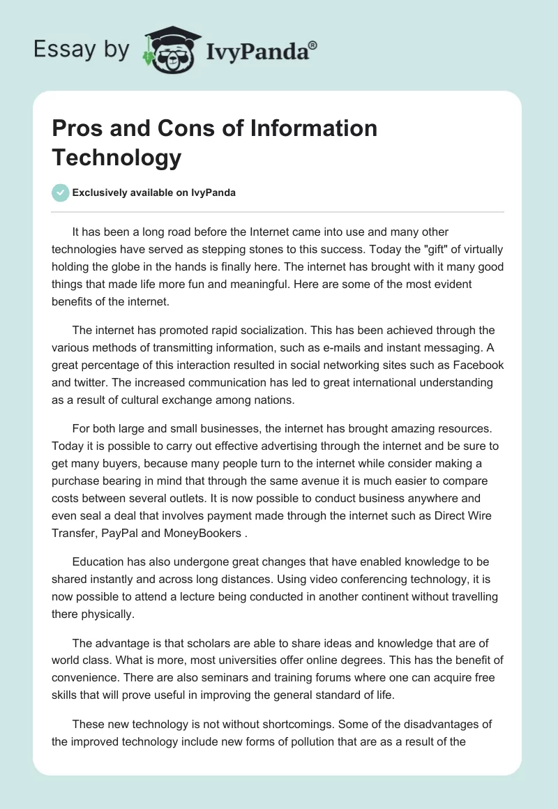 Pros and Cons of Information Technology. Page 1