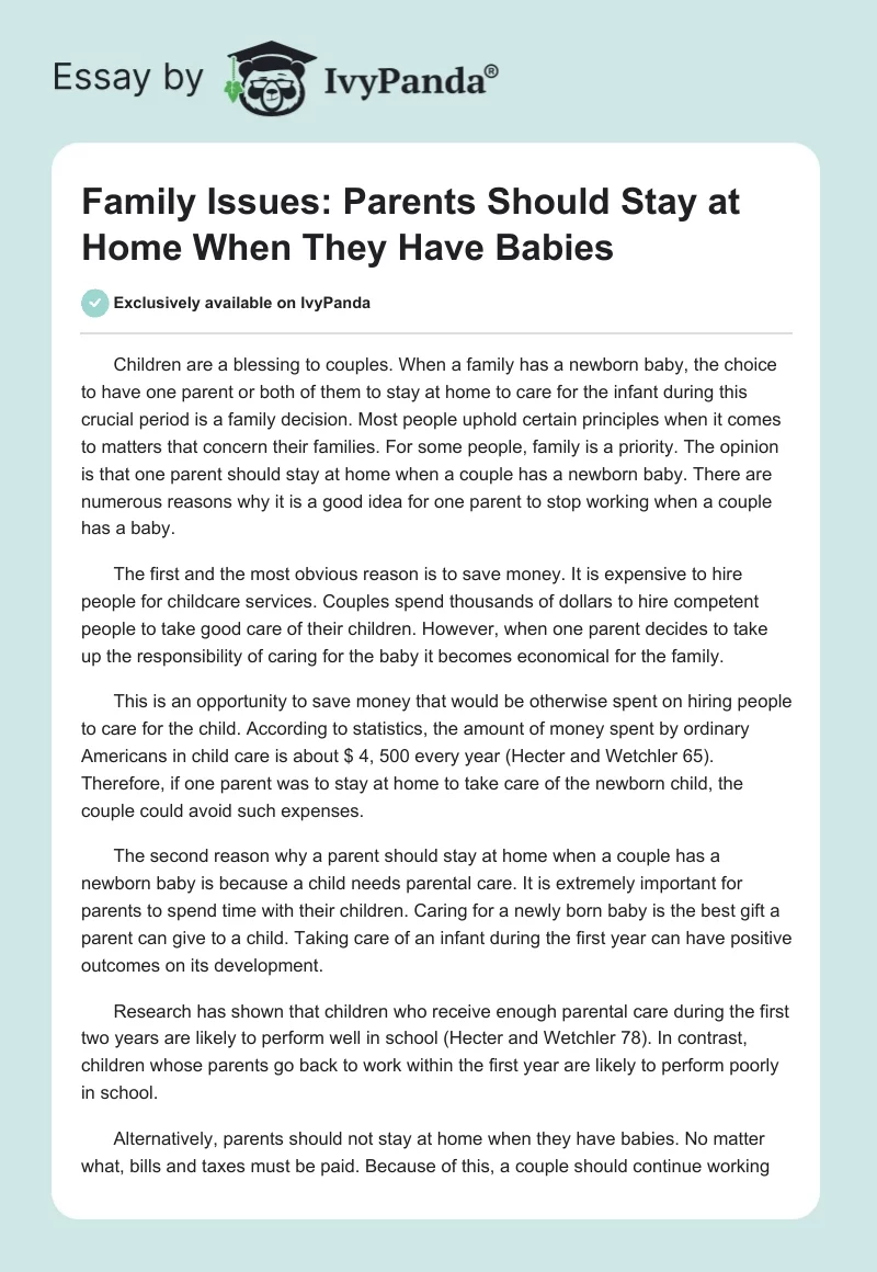 Family Issues: Parents Should Stay at Home When They Have Babies. Page 1