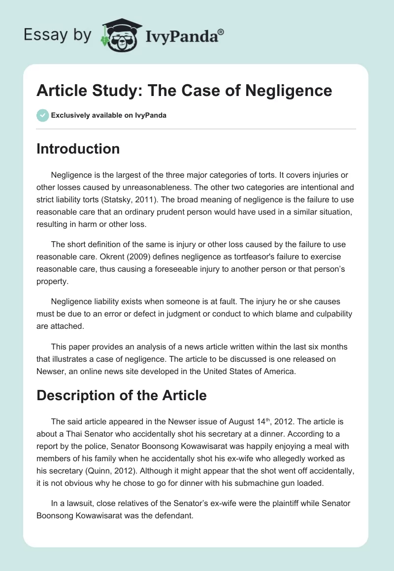 Article Study: The Case of Negligence. Page 1
