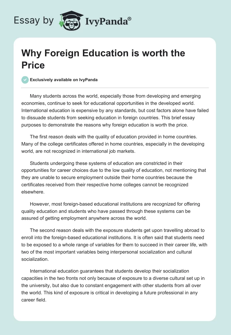 Why Foreign Education is worth the Price. Page 1