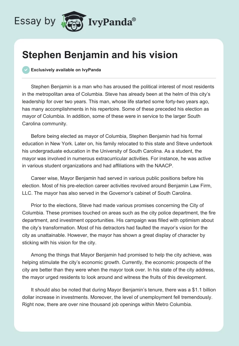 Stephen Benjamin and his vision. Page 1