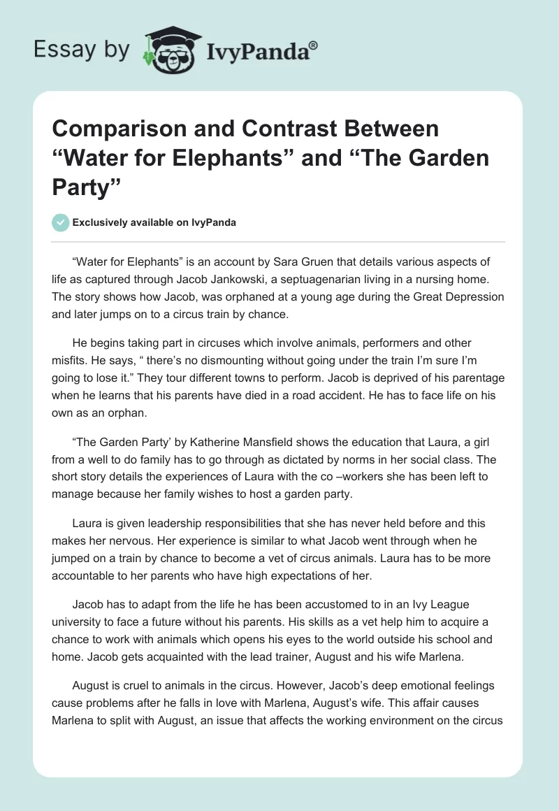Comparison and Contrast Between “Water for Elephants” and “The Garden Party”. Page 1