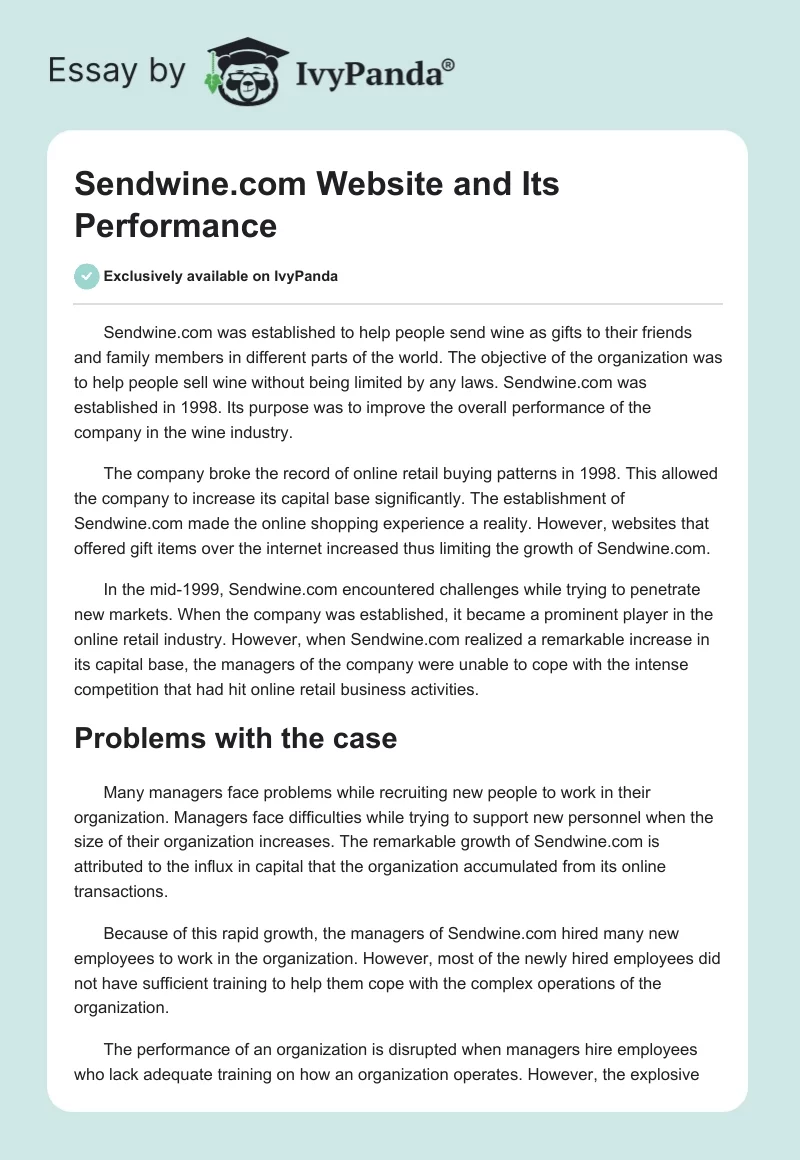Sendwine.com Website and Its Performance. Page 1