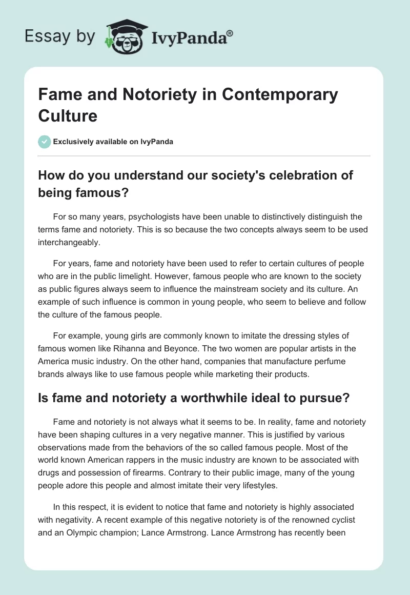 Fame and Notoriety in Contemporary Culture. Page 1