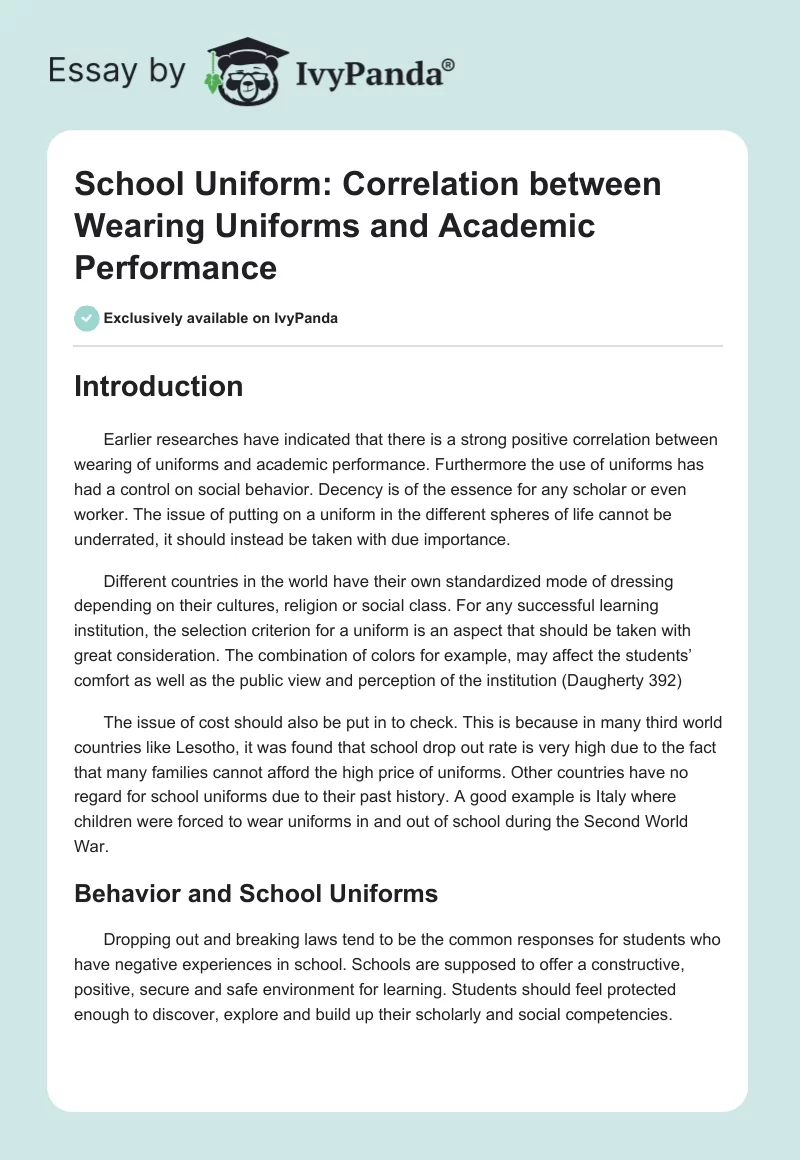 School Uniform: Correlation Between Wearing Uniforms and Academic Performance. Page 1
