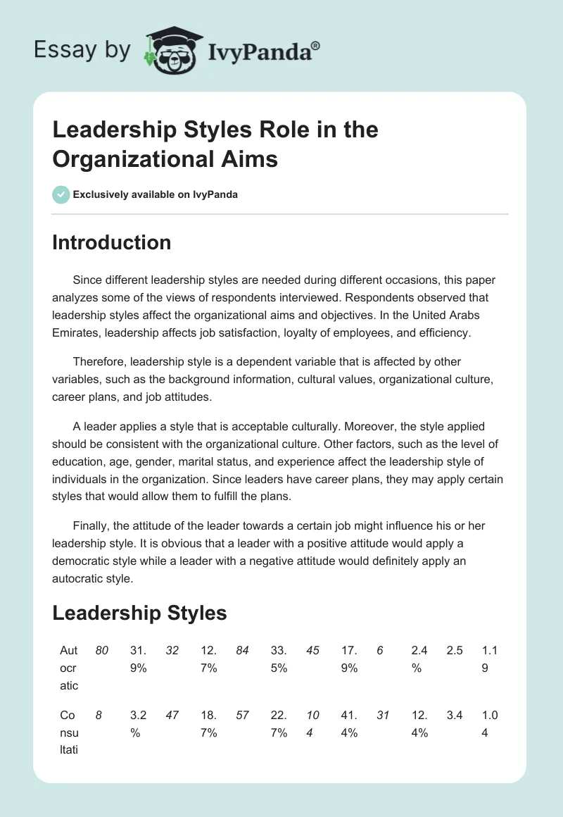 Leadership Styles Role in the Organizational Aims. Page 1