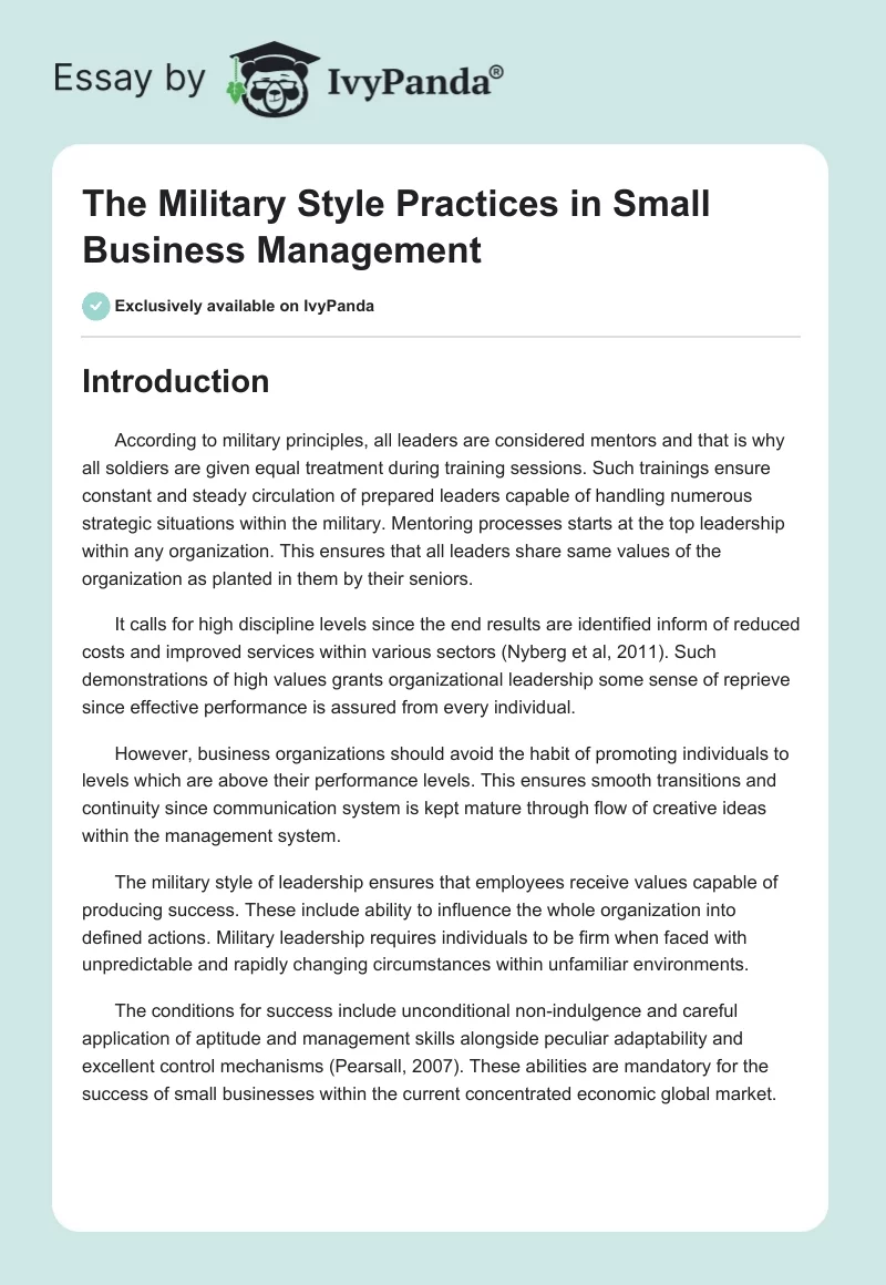 The Military Style Practices in Small Business Management. Page 1