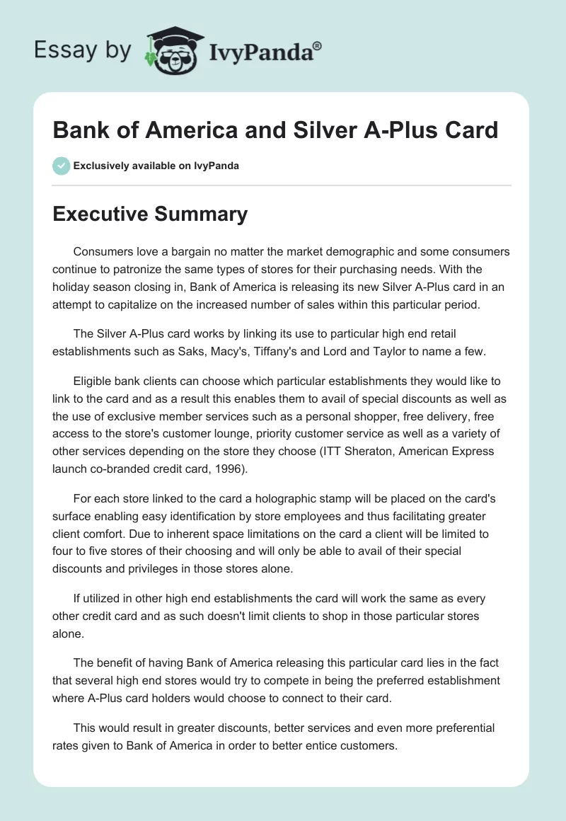 Bank of America and Silver A-Plus Card. Page 1