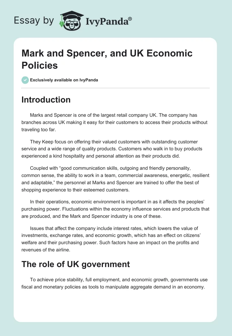 Mark and Spencer, and UK Economic Policies. Page 1
