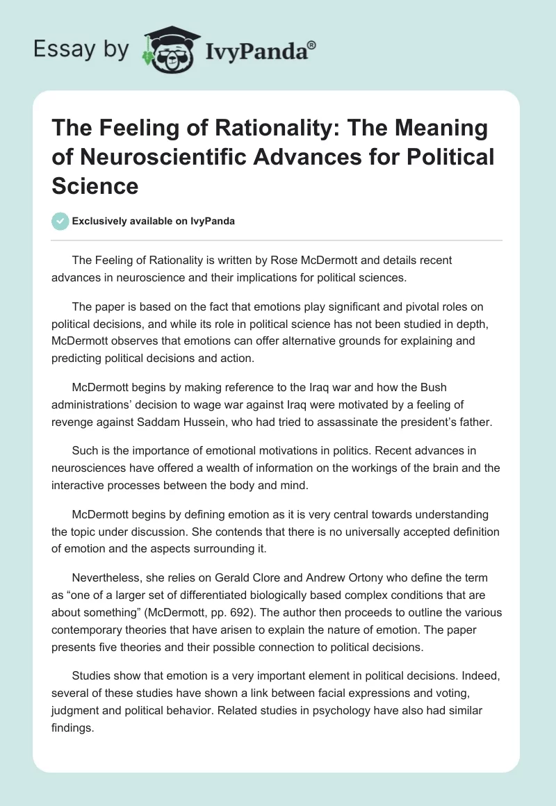 The Feeling of Rationality: The Meaning of Neuroscientific Advances for Political Science. Page 1