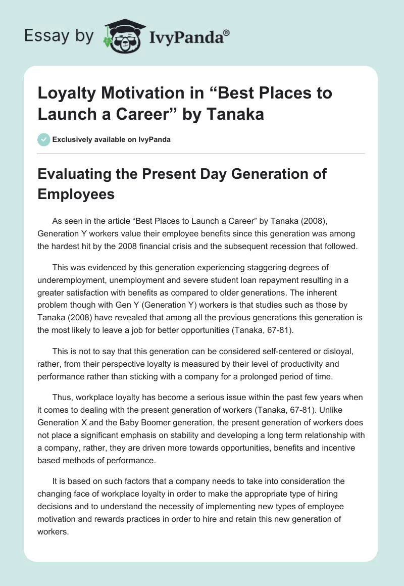 Loyalty Motivation in “Best Places to Launch a Career” by Tanaka. Page 1