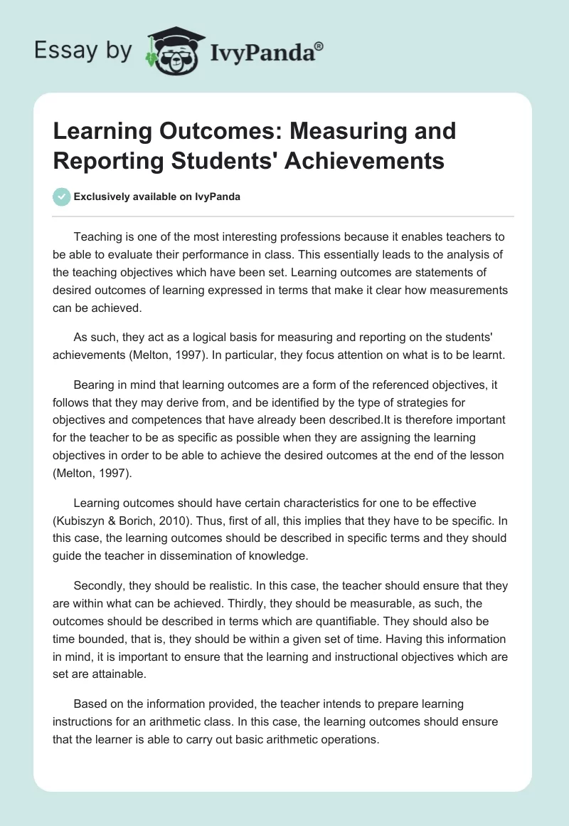 Learning Outcomes: Measuring and Reporting Students' Achievements. Page 1