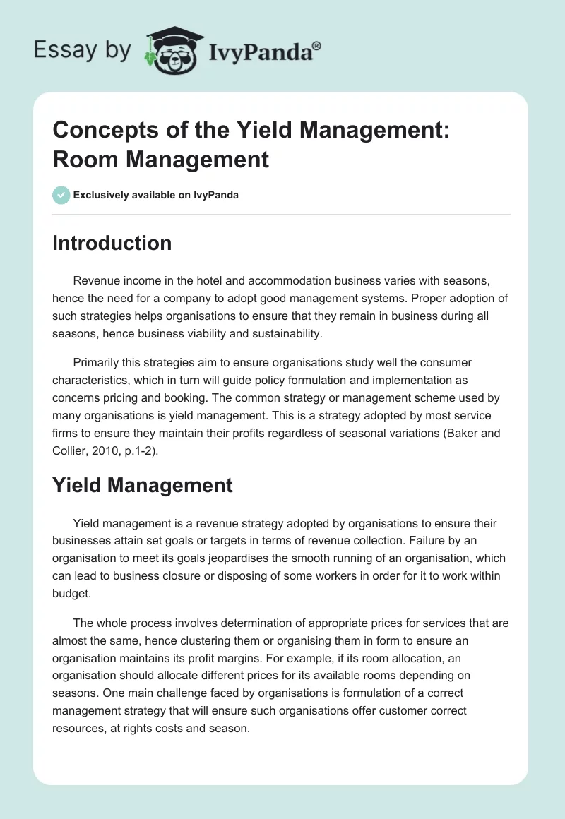 Concepts of the Yield Management: Room Management. Page 1