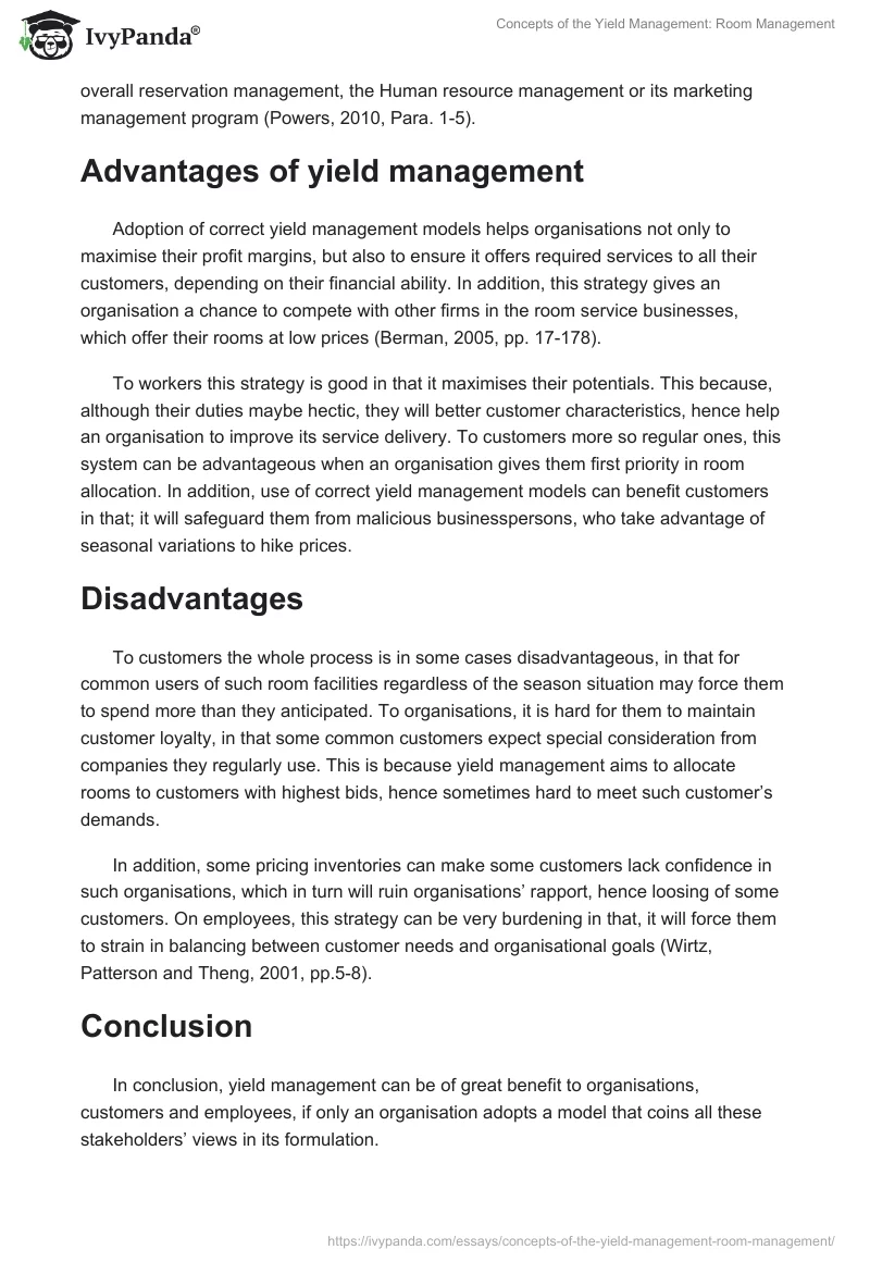 Concepts of the Yield Management: Room Management. Page 3