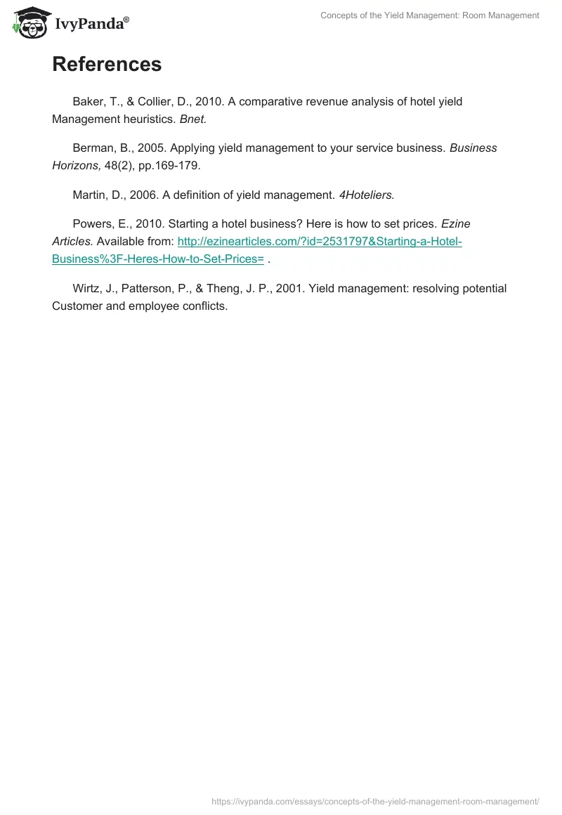 Concepts of the Yield Management: Room Management. Page 4