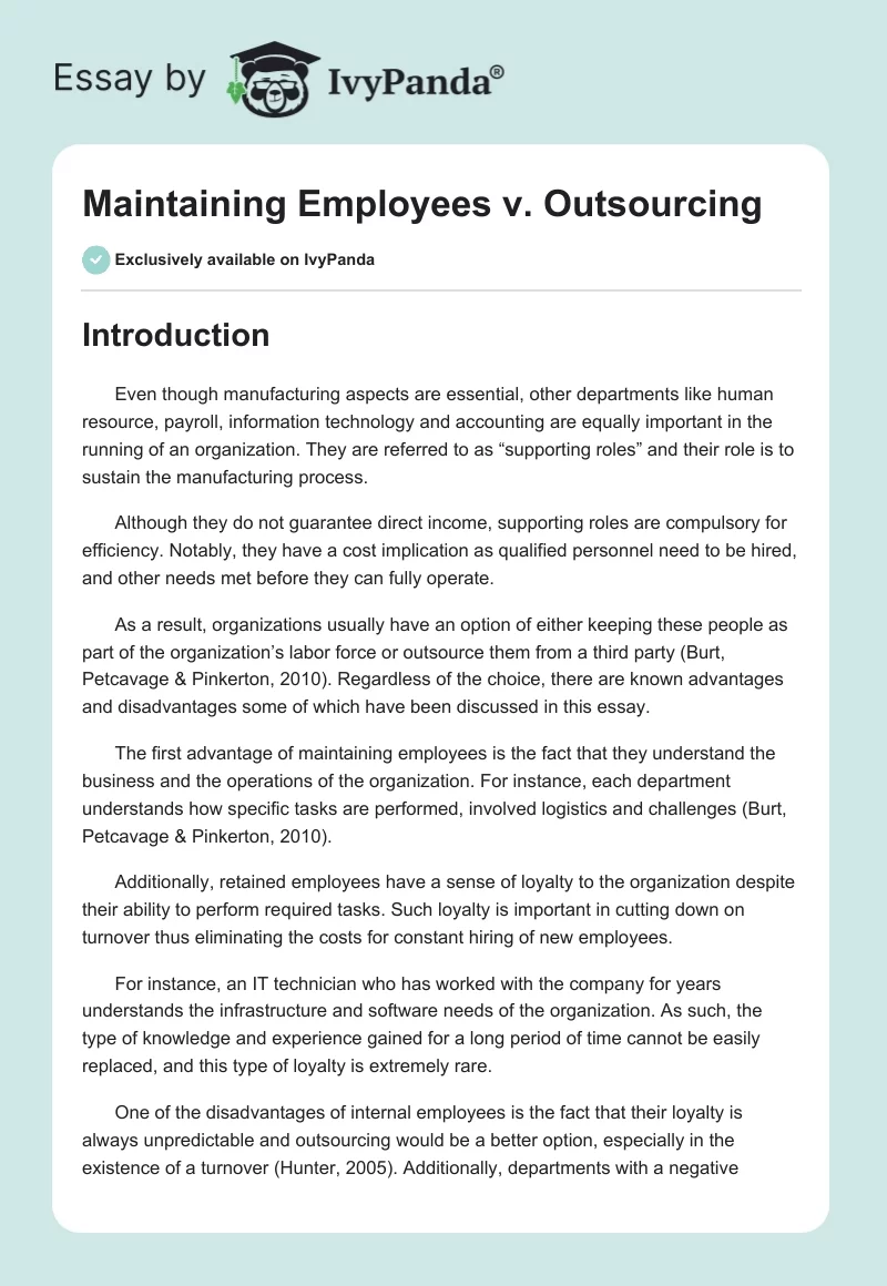 Maintaining Employees vs. Outsourcing. Page 1