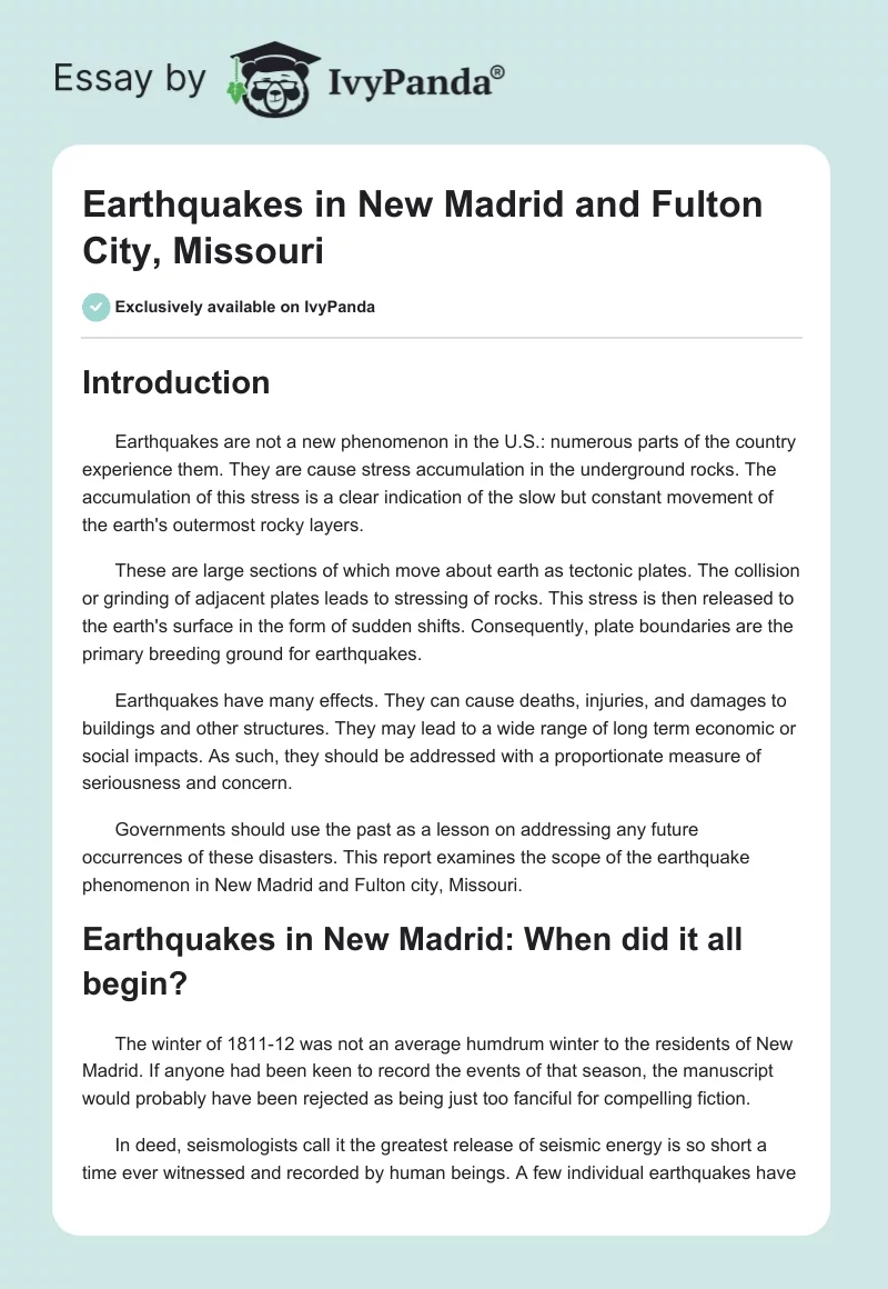 Earthquakes in New Madrid and Fulton City, Missouri. Page 1