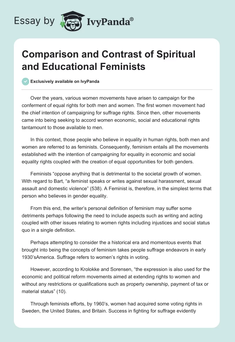 Comparison and Contrast of Spiritual and Educational Feminists. Page 1
