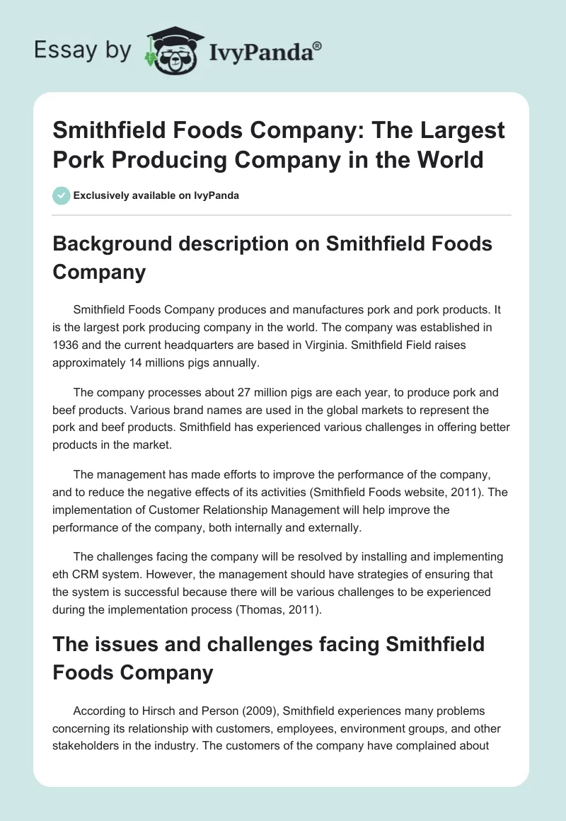Smithfield Foods Company: The Largest Pork Producing Company in the World. Page 1