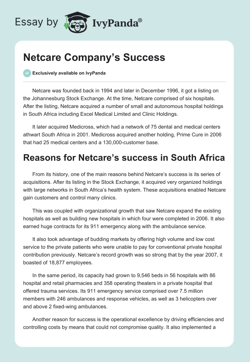 Netcare Company’s Success. Page 1