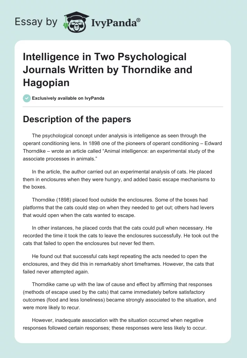 Intelligence in Two Psychological Journals Written by Thorndike and Hagopian. Page 1