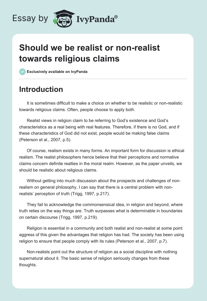 Should we be realist or non-realist towards religious claims. Page 1