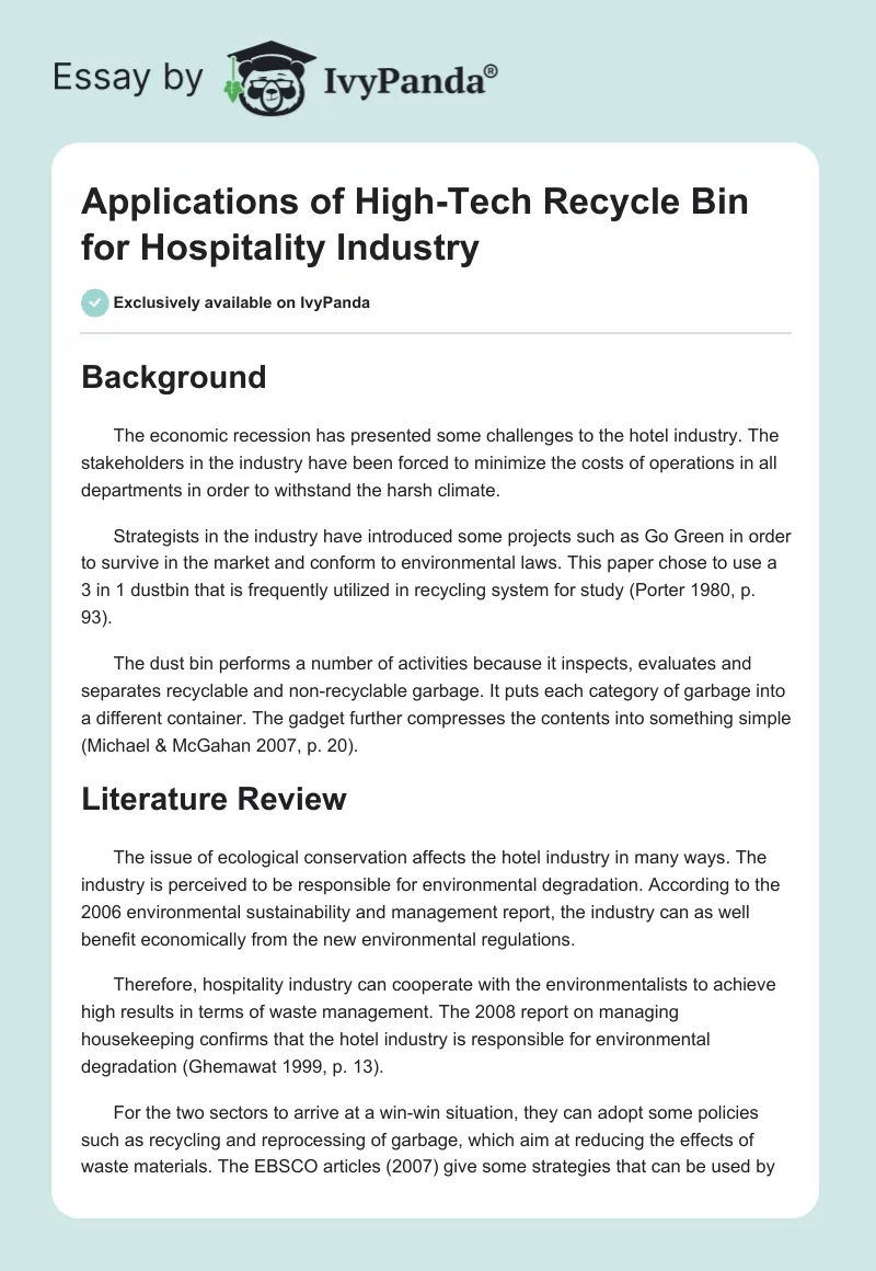 Applications of High-Tech Recycle Bin for Hospitality Industry. Page 1