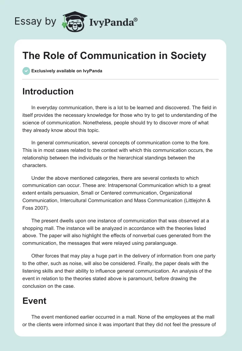 The Role of Communication in Society. Page 1