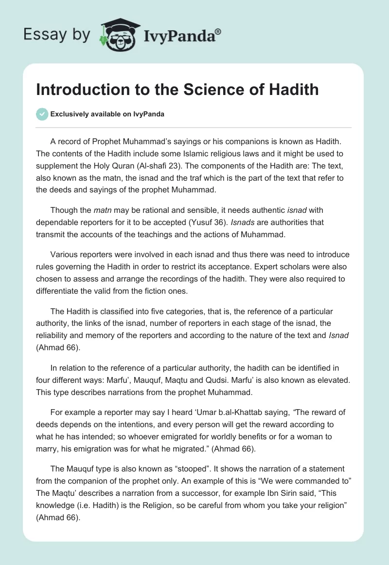 Introduction to the Science of Hadith. Page 1