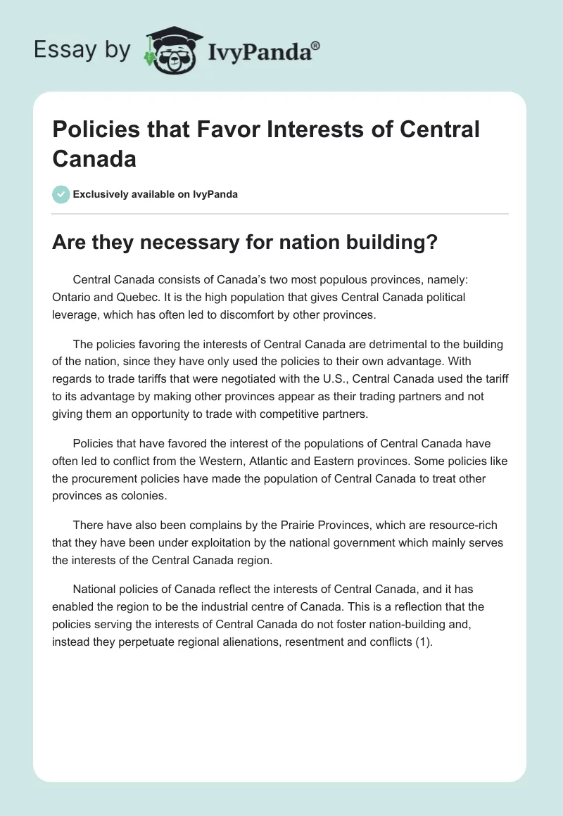 Policies that Favor Interests of Central Canada. Page 1