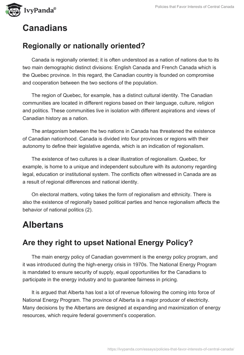 Policies that Favor Interests of Central Canada. Page 2