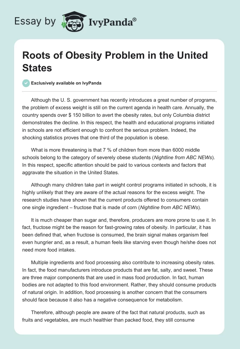 Roots of Obesity Problem in the United States. Page 1