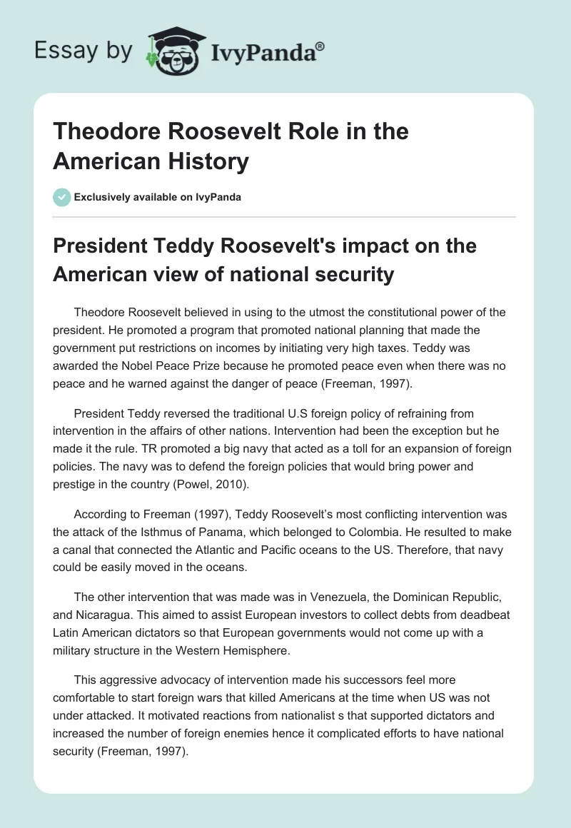 Theodore Roosevelt Role in the American History. Page 1