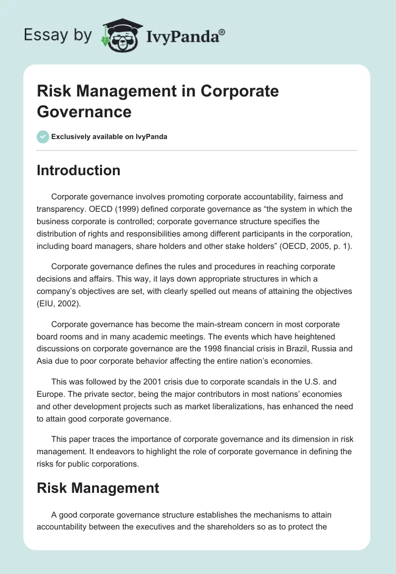 Risk Management in Corporate Governance. Page 1