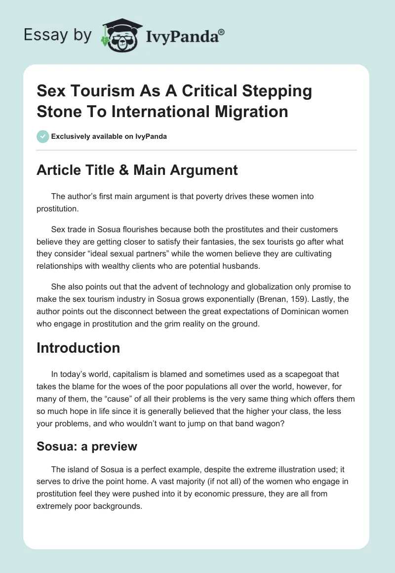 Sex Tourism As A Critical Stepping Stone To International Migration. Page 1