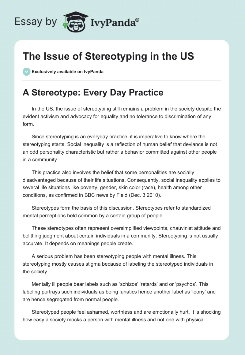 The Issue of Stereotyping in the US. Page 1