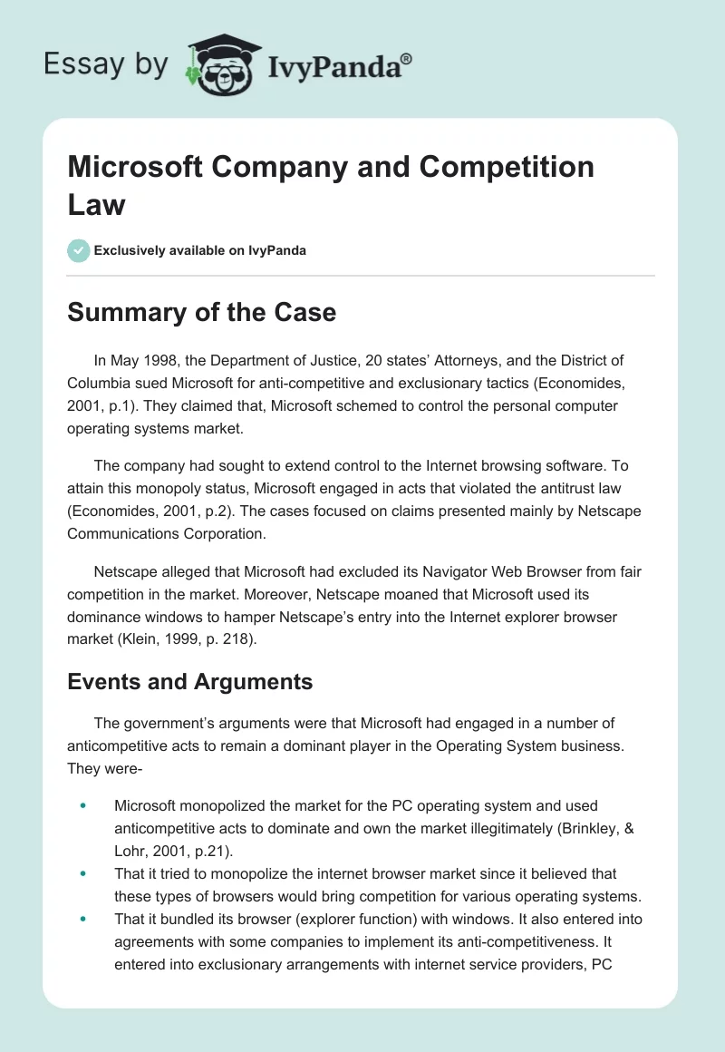 Microsoft Company and Competition Law. Page 1