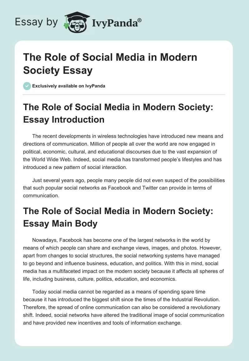 The Role of Social Media in Modern Society Essay. Page 1