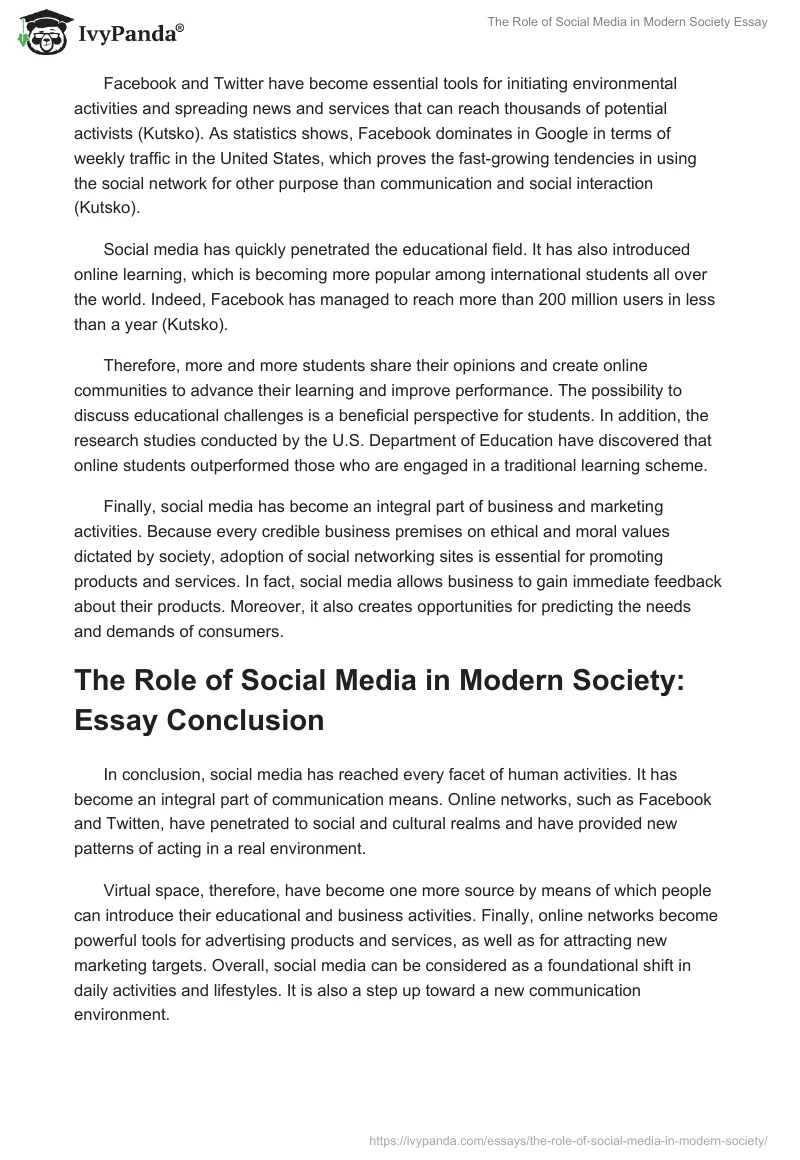 The Role of Social Media in Modern Society Essay. Page 2