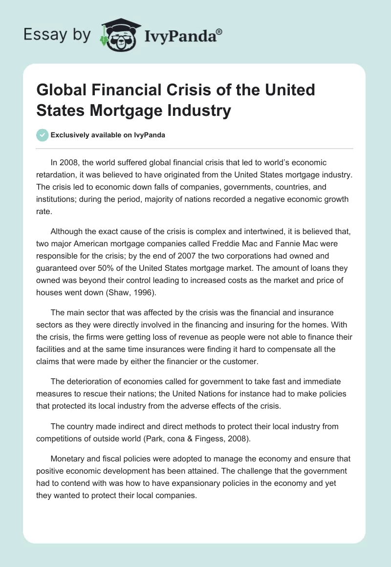 Global Financial Crisis of the United States Mortgage Industry. Page 1