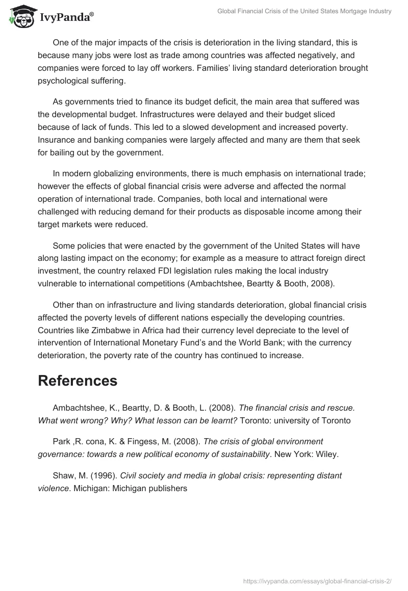 Global Financial Crisis of the United States Mortgage Industry. Page 2