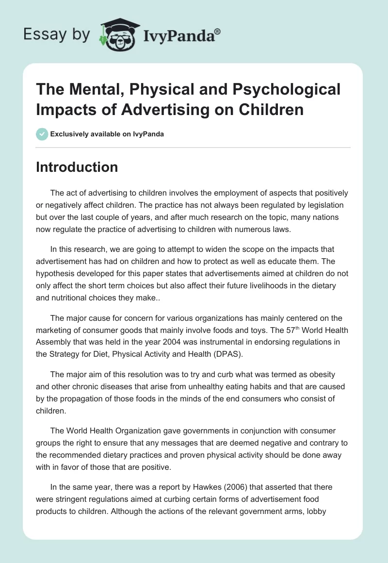 The Mental, Physical and Psychological Impacts of Advertising on Children. Page 1