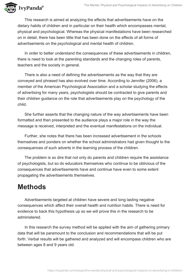 The Mental, Physical and Psychological Impacts of Advertising on Children. Page 3