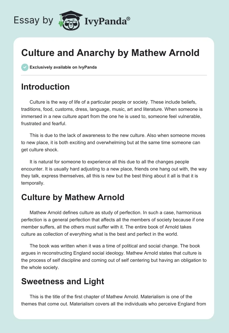 Culture and Anarchy by Mathew Arnold. Page 1