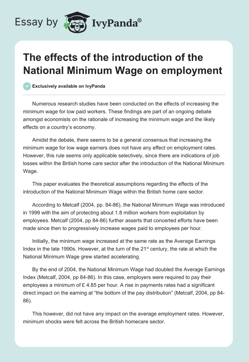 The effects of the introduction of the National Minimum Wage on employment. Page 1