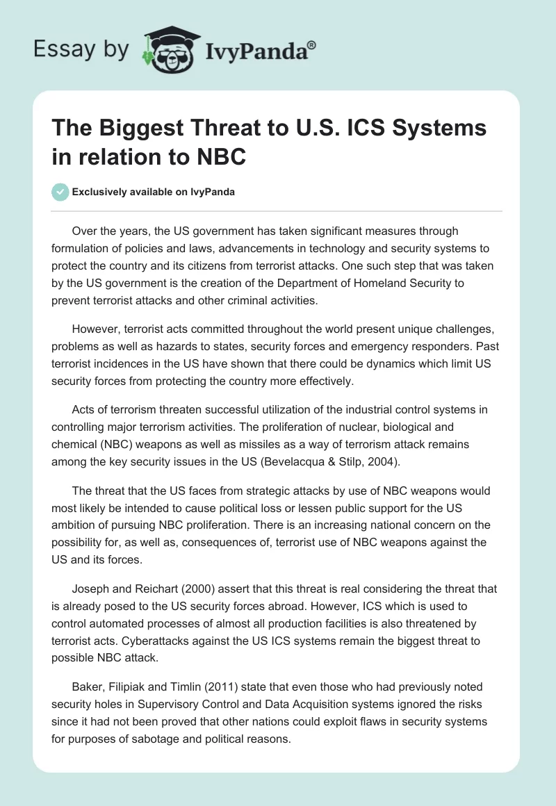 The Biggest Threat to U.S. "ICS Systems in relation to NBC". Page 1
