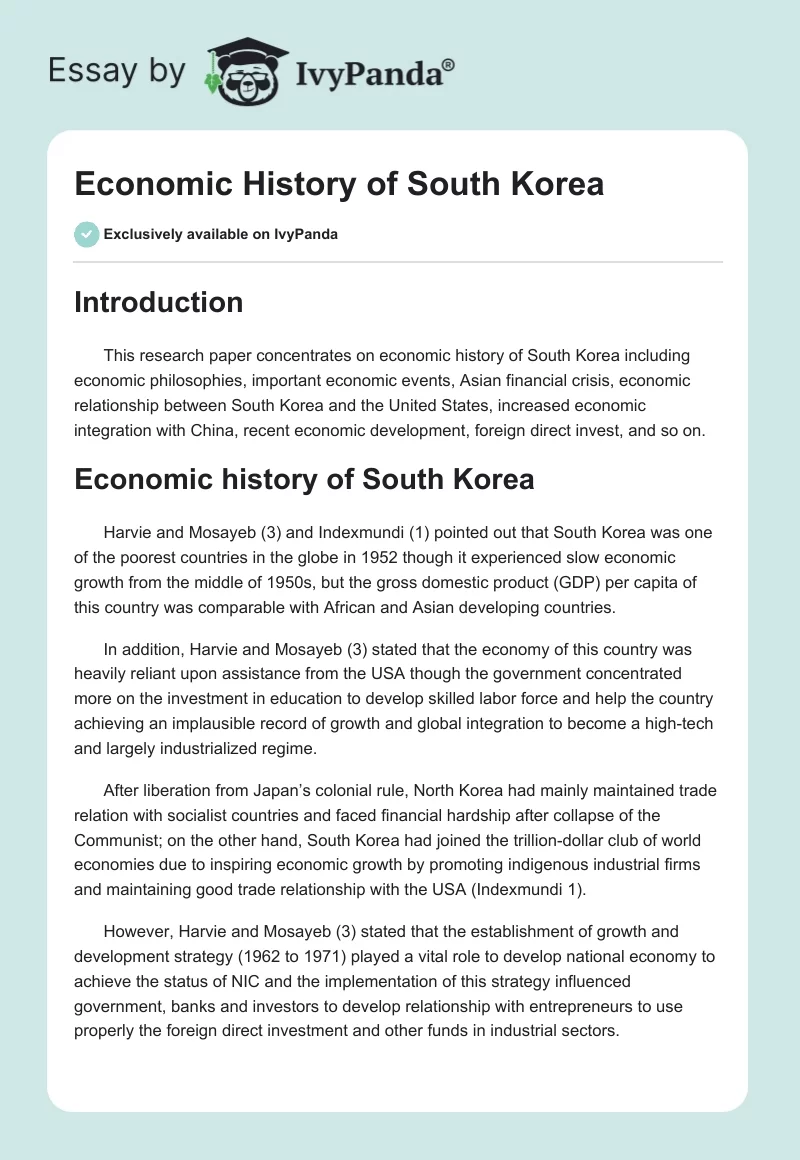 Economic History of South Korea. Page 1