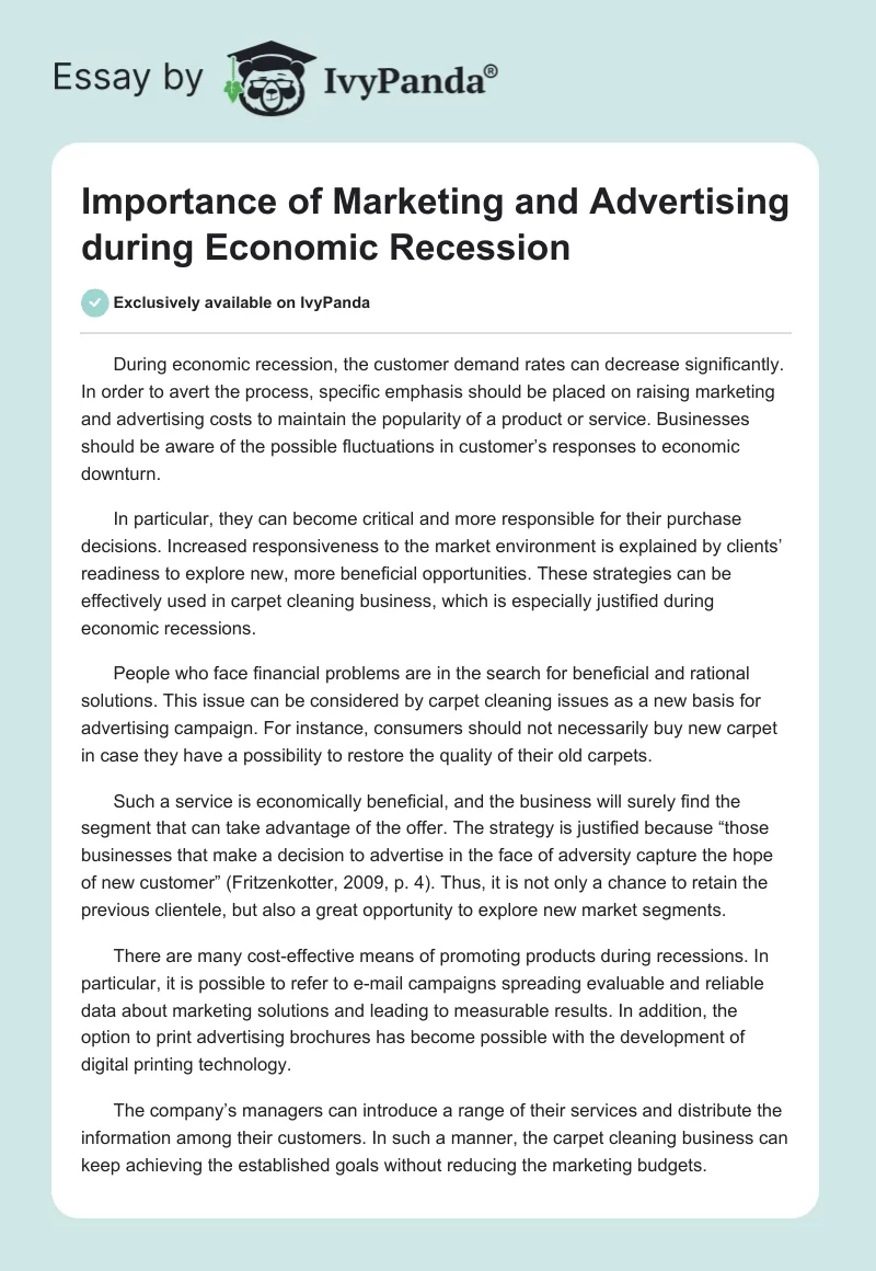 Importance of Marketing and Advertising during Economic Recession. Page 1